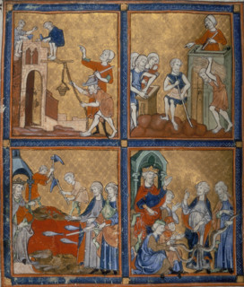 Four scenes from the Old Testament, c1300-c1330. On the top left men are building Pharoah's cities.