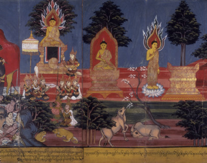 Buddhist deities, 19th century. A group kneeling on the left hold a fan and a shell, a symbol of