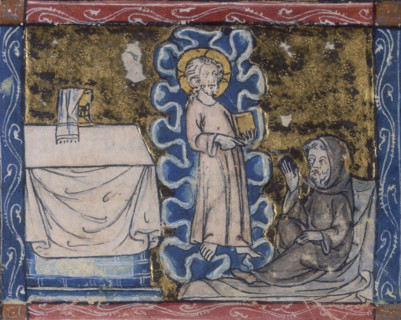 Christ appears to a hermit, c1300-c1350. The hermit is shocked at the sight of Christ before him.