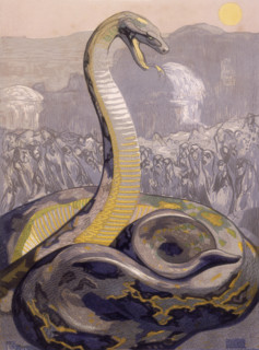 Kaa, the snake, 1919. Kaa rears up, his forked tongue protruding, as the apes cower in fear. From a
