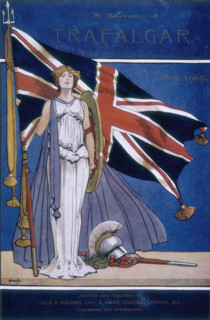 Britannia standing in front of the Union Jack, 1905. 'A souvenir of Trafalgar, 1805-1905'