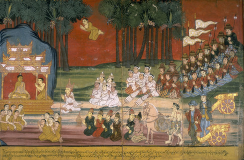A king and his entourage kneel before Buddha, 19th century. The Buddha sits surrounded by priests