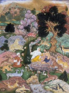 Majnun visited in the desert by his mother and Salim, 1595. Majnun's mother touches him on the