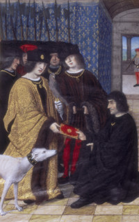 The author presenting his work to Charles VIII, c1475-c1498. The author kneels before the king and