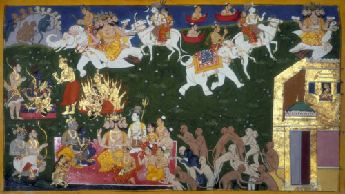 Agni Pariksha, 1652. Trial by fire. Scene from a Hindu epic, with multi-headed gods, white