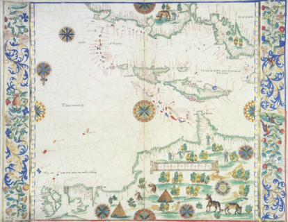 Map of the Caribbean, 1542. Map showing 'Couba' (Cuba), 'Espagnolla' (Hispaniola), and 'Jamaca'