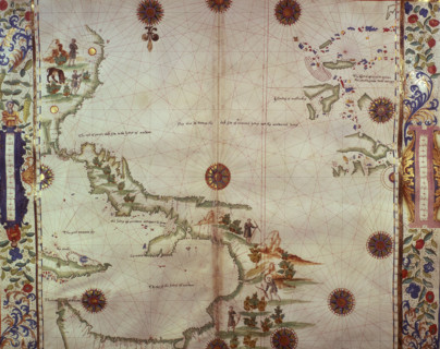 Chart of the Gulf of Mexico and the Pacific Ocean, 1542. The map is orientated 'upside down' to our