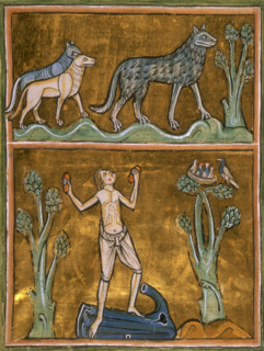 Wolves and semi-naked man, c1230. Detail of a miniature of wolves and (below) the man they have