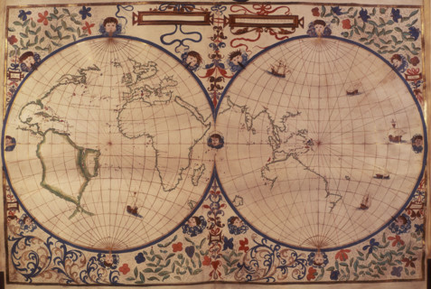 World Map, 1542. On the left is the 'New World', the Americas. Surrounded by a colourful decorative