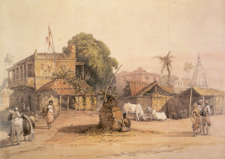 Indian village, c1835. Street scene showing a small 'tulsi' altar, centre, and a water carrier with