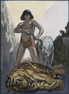 Mowgli kills Shere Khan, the tiger; scene from "The Jungle Book", 1919. From a French translation