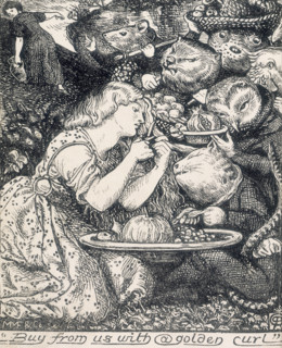 'Buy from us with a golden curl', 1862. A woman cuts a curl of her golden hair with a pair of