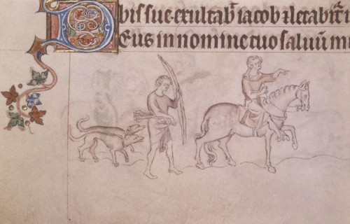 A noble and serf hunting, c1300-c1325. A noble on horseback leads the way with his serf following