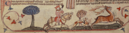 A king with his hunting dog, chasing a stag, c1300-c1325. A king riding his horse and blowing his