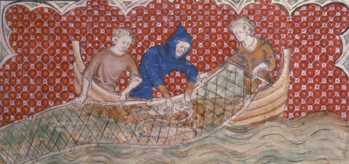 Three fishermen hauling in their catch, c1300-c1325. The men pull the net into the boat.