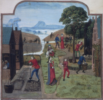 Labours of the Months, c1475-c1500. Showing 12 labours. Men digging the soil, cutting the grass