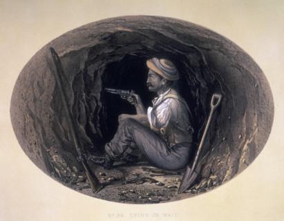 'Lying in Wait', 1858. A man armed with a pistol, sitting on the ground in what appears to be a