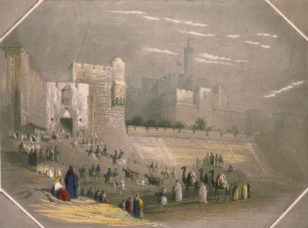 People outside the city walls, Mount Zion, Jerusalem, 1844. To the right is the Anglican Cathedral