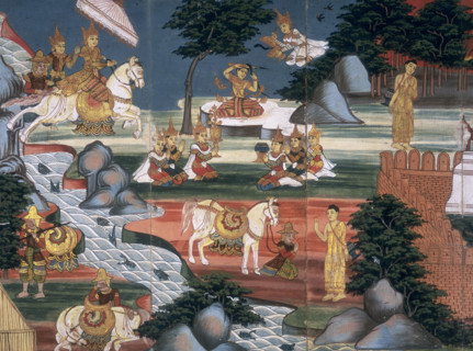 Prince Siddhattha cuts off his hair at the Anoma river and receives offerings for his life as a