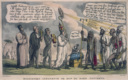 'Missionary Influence or How to Make Converts', 1815. A procession of Christian priests, led by a