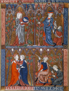 Friendship and Hatred; Jonathan, David and Saul, c1290-c1300. 'Amitié'. At top left a crowned