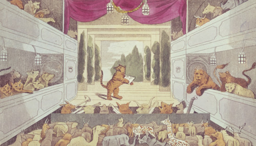 The Tyger's Theatre, 1808. A tiger holding a card inscribed 'O.P.' takes centre stage performing to