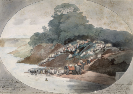Suttee, India, 1792. A crowd has gathered for a funeral and suttee. The body of the deceased man is