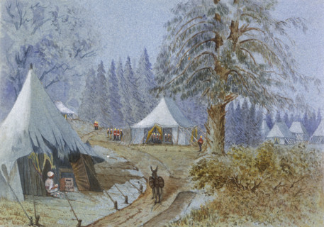 Tents pitched in the woods at Camp Gharreal, Murree, Punjab, 1870s. A servant sorts the mail in a