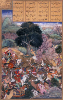 Battle of the tribes watched by Majnun who is holding a rock, 1595. Majnun stands in the centre