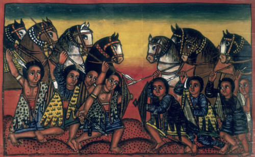 Cavalry going into battle, with spears and shields, c1721-c1730. From the "Nagara Maryam", which