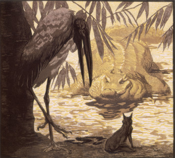 Crocodile, wolf and stork; scene from "The Jungle Book", 1919. From a French translation of "The