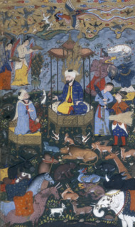 Solomon enthroned, 16th century. Opening to a copy from Shiraz of Firdawsi's epic history of Iran,