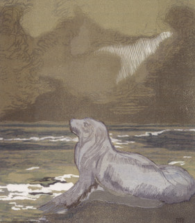 A white seal by the water; scene from "The Jungle Book", 1919. From a French translation of "The