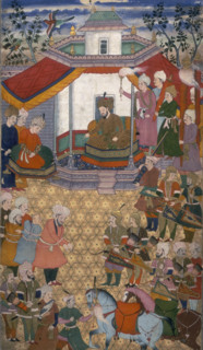 Bayazidi brought before Timur, 1600. Timur sits enthroned under a canopy with attendants by his