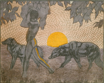 Mowgli and wolves; scene from "The Jungle Book", 1919. From a French translation of "The Jungle