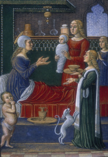 The Birth of the Virgin, end of the 15th century. Saint Anne sits up in bed, holding her hands out