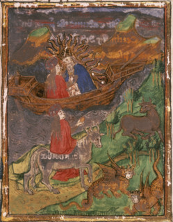 Jove, surrounded by the sun's rays, sits in boat with Europa, 1450. In the foreground, Europa is