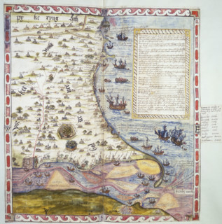 Top half of Lord Burghley's chart of the Humber, 1579. Coloured manuscript plan of the River Humber