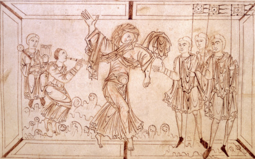 Luxuria tempting men to abandon their arms in favour of debauchery, c950-c999. She dances to the
