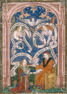 An alchemical disciple receives a book from his master, c1477. The kneeling figure probably