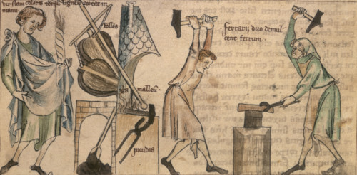 Blacksmiths at work, second half of the 14th century. From a translation of Liber Astrologiae, a