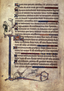 Musician and monkeys; dog chasing a stag, 1284-c1316. Part of Psalm 12, and Psalm 13, beginning
