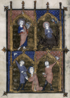 Four miniatures, c1295-c1310. At top right a female saint emerges from the body of a dragon as the