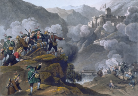 The Tyrolese Patriots, 1819. 'Men & women storming the fortress of Kuffstein [sic] with their