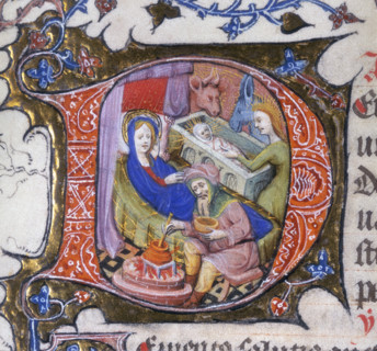 The Virgin, With Christ Laid In The Manger, c1200? Initial D. Mary rests after giving birth, while