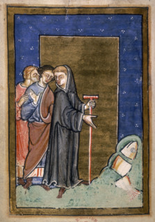 St Cuthbert shows a dolphin sliced in three and ready for cooking, 1200. The saint points at a
