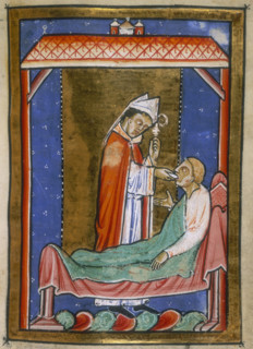 Cuthbert healing an ill man, last quarter of the 12th century. Miniature of the saint healing