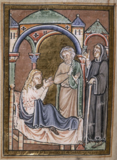 St Cuthbert drives out a devil from the wife of Hildemer, a prefect of King Ecgfrid, 1200.