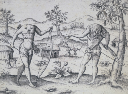 Ewaiponoma or Blemmyae, 1599. Headless human creatures with their faces on their chests and armed