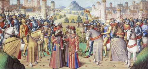 Armies meeting, 1475. Two armies face each other, while in the centre a discussion is taking place.